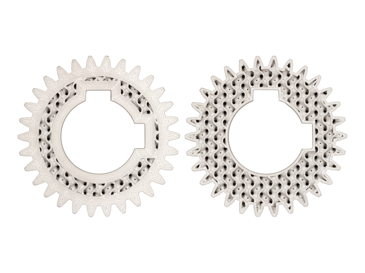 Sectioned gears revealing infill structure and varying shell thickness