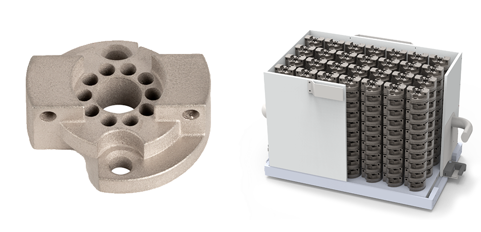 3D printed adaptor next to illustration of a full build volume of the same adaptor design