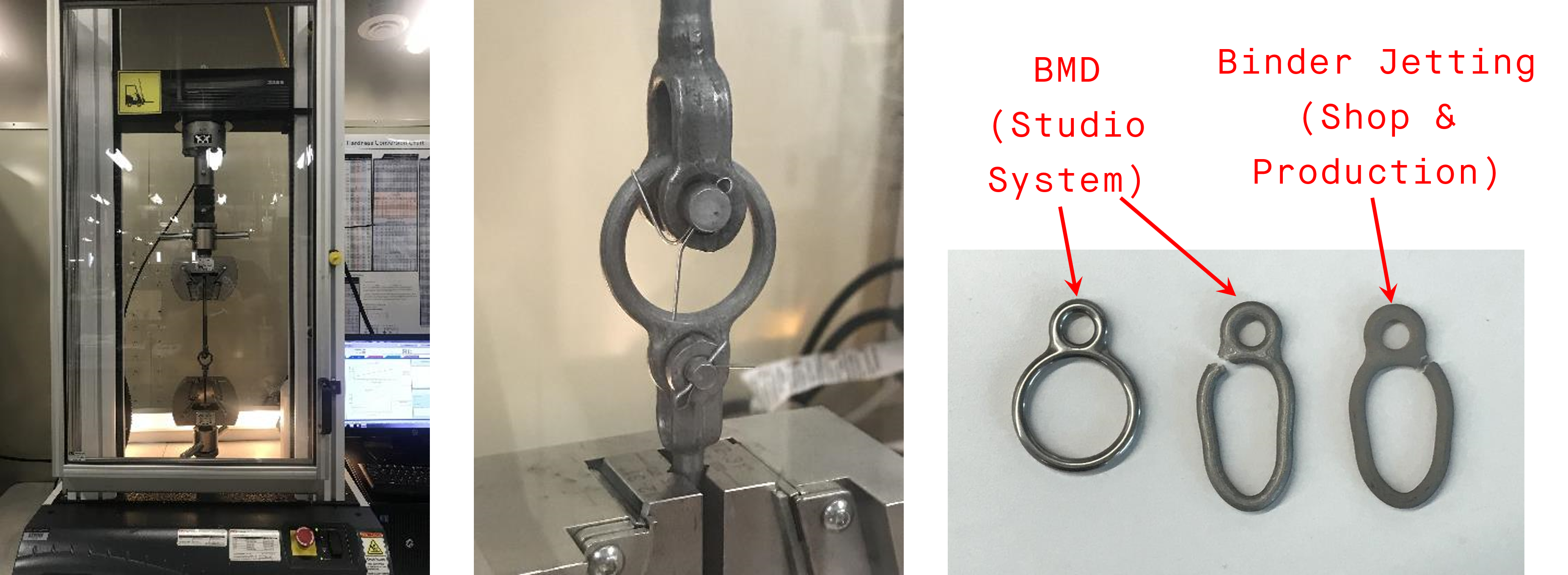 Parachute harness rings printed on the Studio System and Production System. Images showing Enstrong testing and comparison of original geometry vs. deformation at failure.