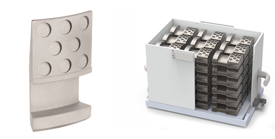 3D printed Down Hole Tool Slip next to illustration of a full build volume of the same Tool Slip design