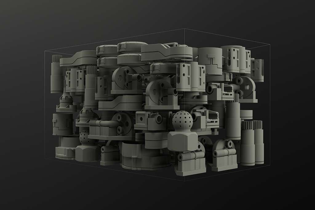 Illustration of Shop System build volume full of various nested parts