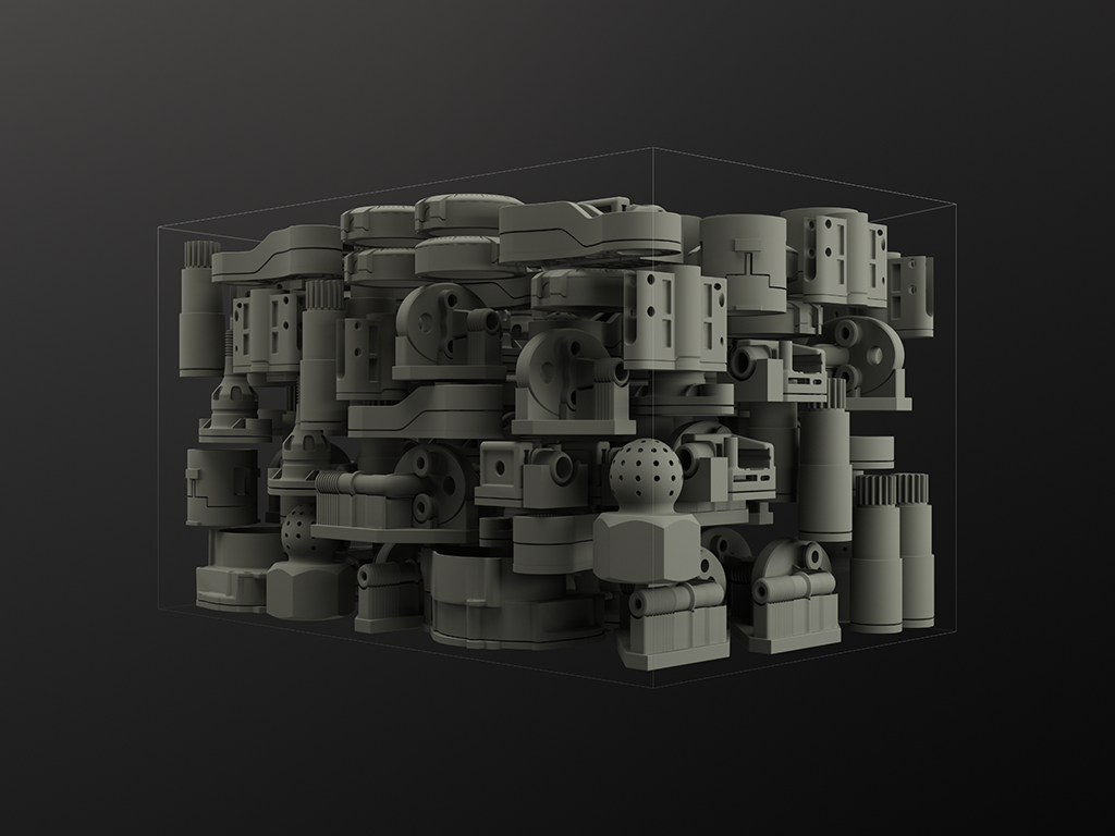 Illustration of Shop System build volume full of various nested parts